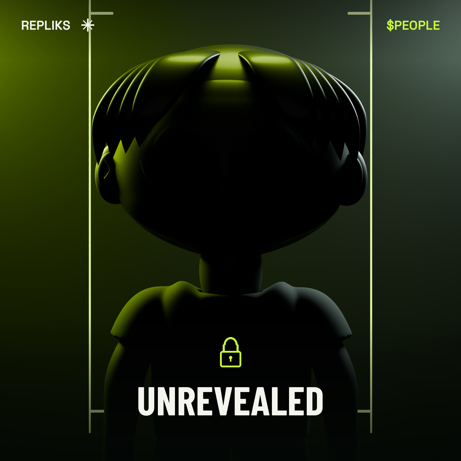 An unrevealed REPLIKS character in shadow, outlined by acid-green light.